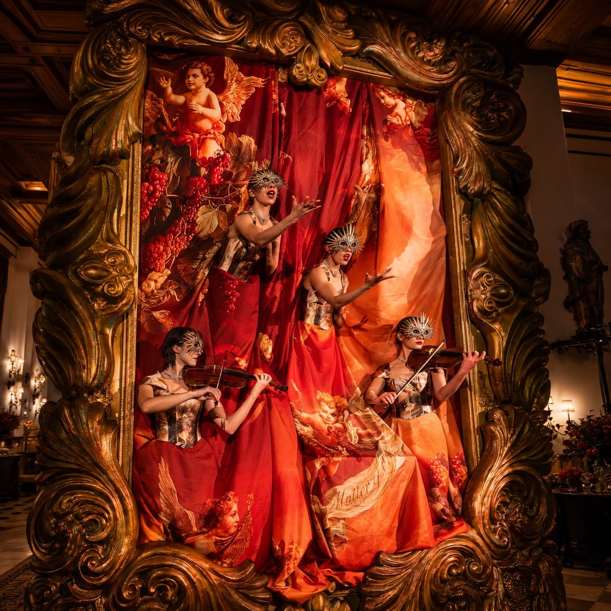 Masked string quartet performing inside a gilded baroque frame at a YLTWN Group event
